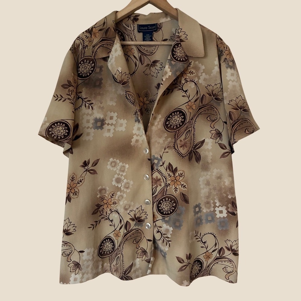 Laura Scott Women Tan Brown Floral Paisley Button Up Blouse Plus Size 24W Grunge